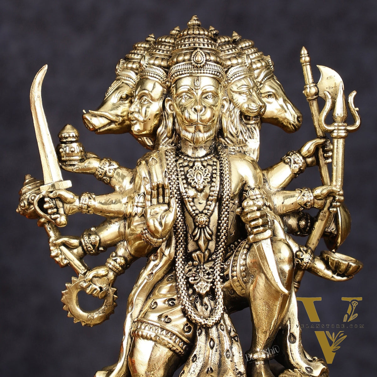 Intricate Superfine Brass Panchmukhi Hanuman Idol - 7" Tall