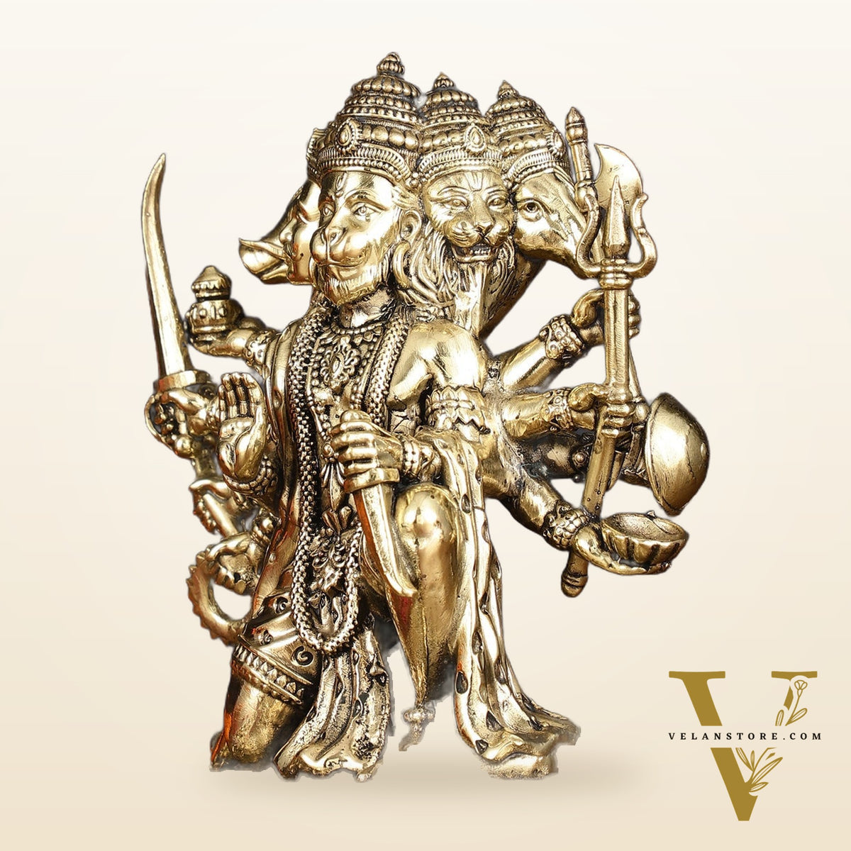 Intricate Superfine Brass Panchmukhi Hanuman Idol - 7" Tall