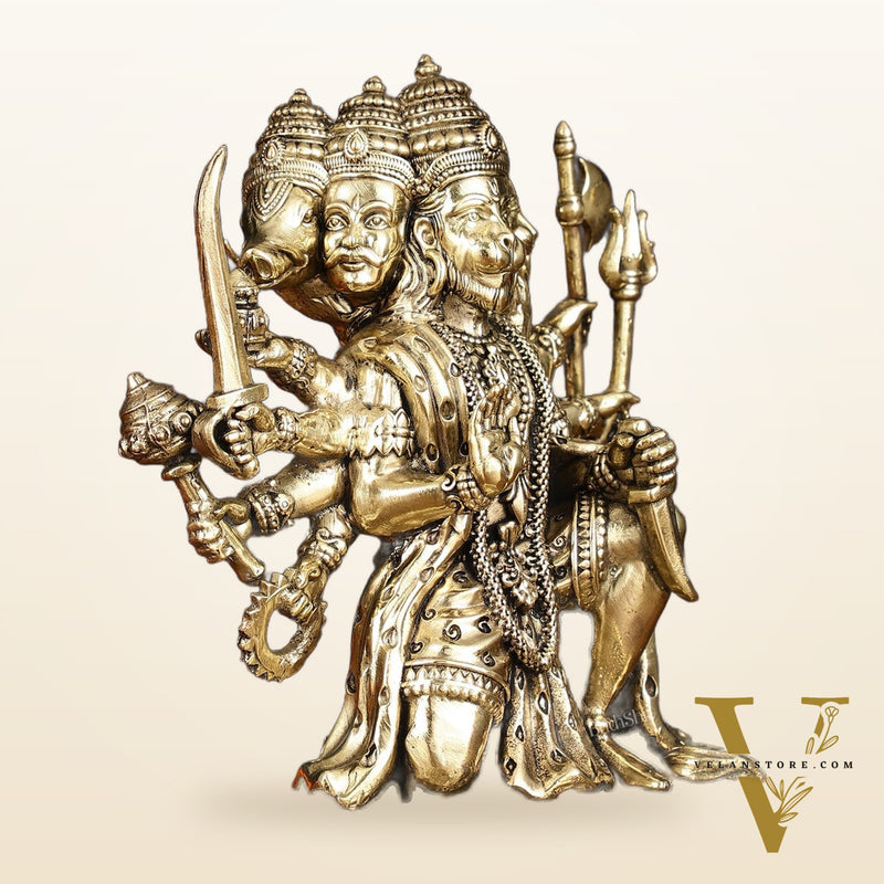 Intricate Superfine Brass Panchmukhi Hanuman Idol - 7" Tall