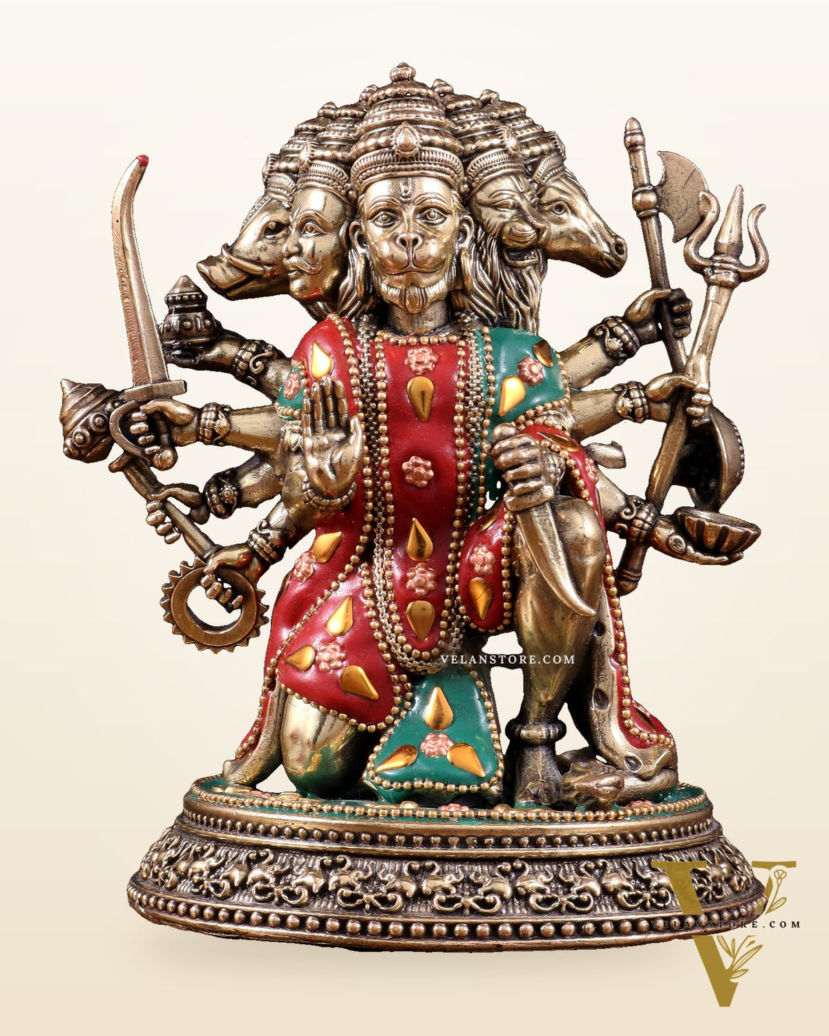 Intricate Superfine Brass Panchmukhi Hanuman Idol with meenakari Stonework- 7" Tall