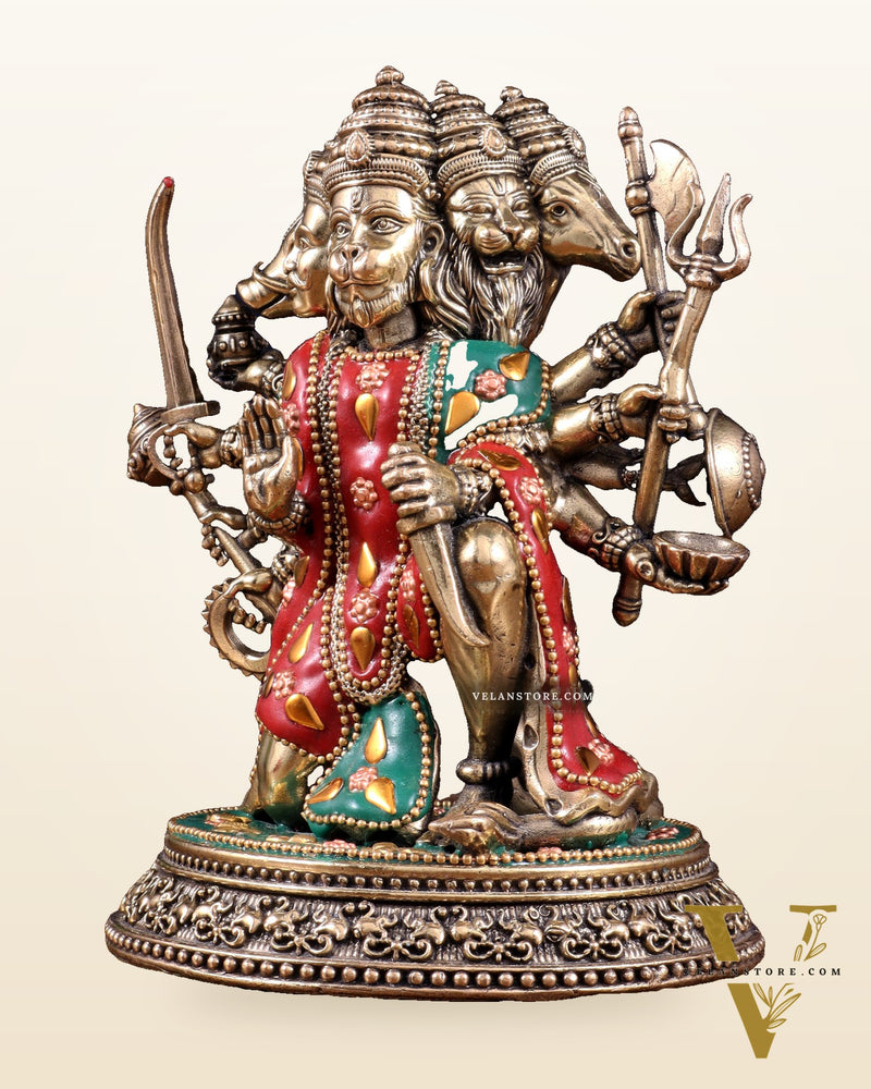 Intricate Superfine Brass Panchmukhi Hanuman Idol with meenakari Stonework- 7" Tall