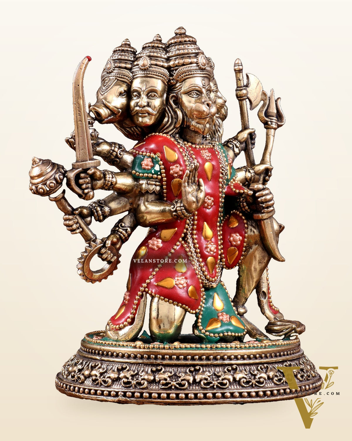 Intricate Superfine Brass Panchmukhi Hanuman Idol with meenakari Stonework- 7" Tall