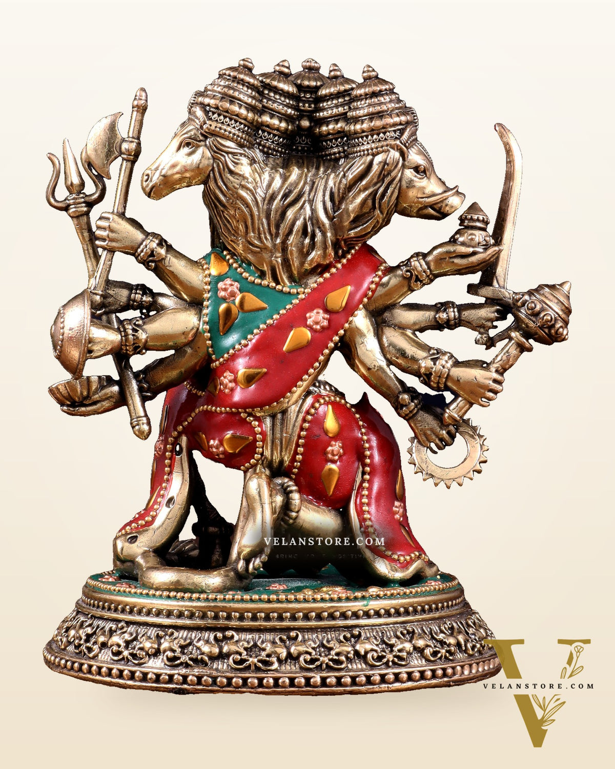 Intricate Superfine Brass Panchmukhi Hanuman Idol with meenakari Stonework- 7" Tall