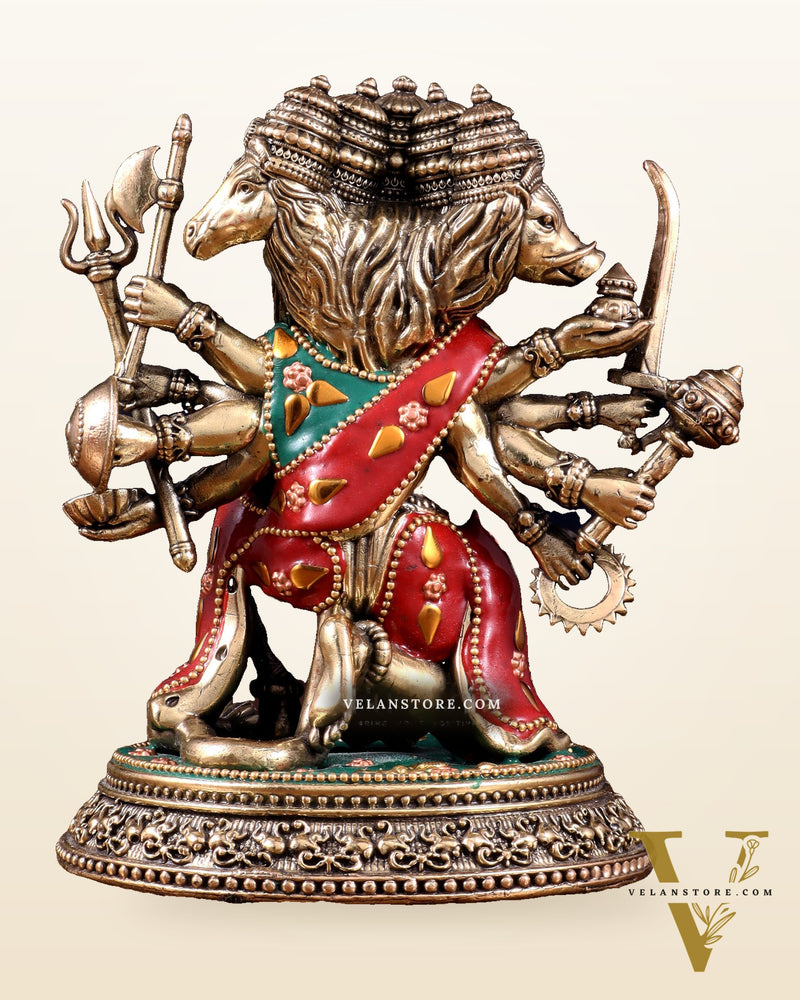 Intricate Superfine Brass Panchmukhi Hanuman Idol with meenakari Stonework- 7" Tall