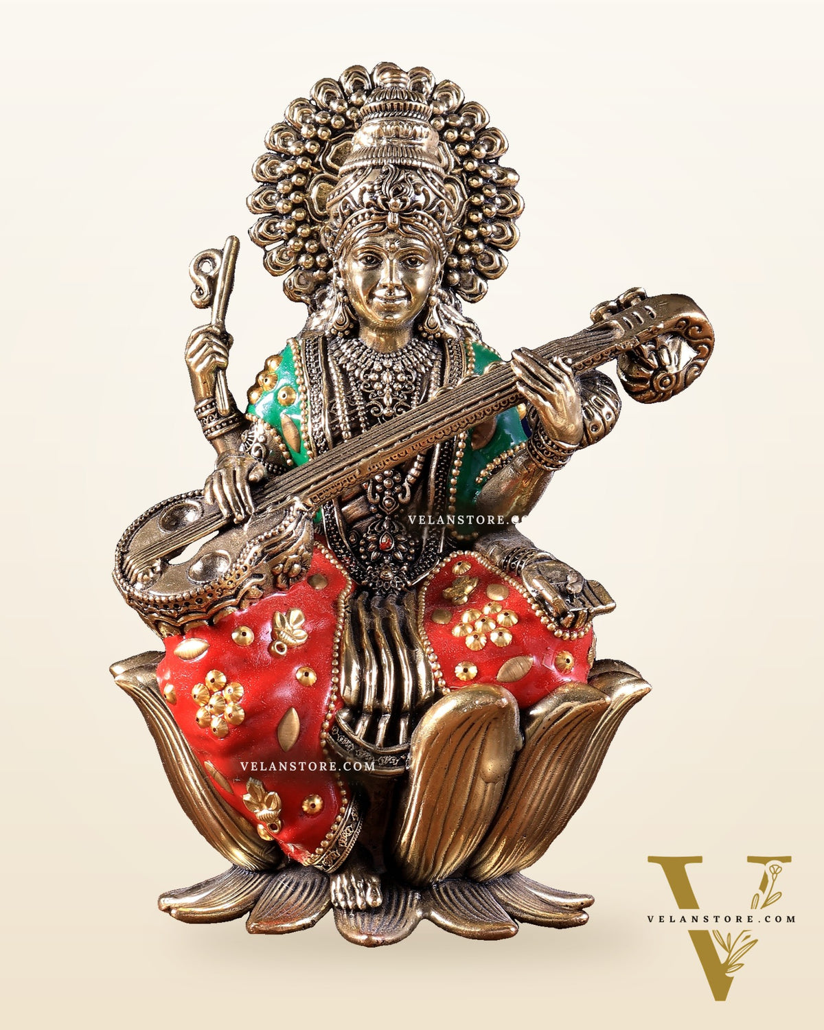 Intricate Superfine Brass Saraswati Idol - 8" Tall meenakari