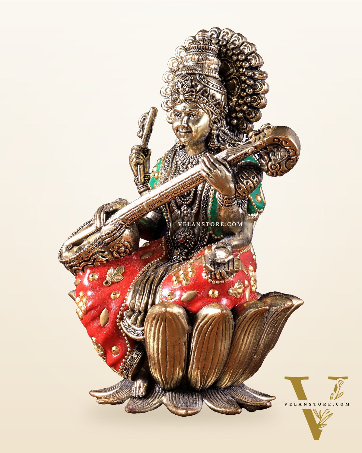 Intricate Superfine Brass Saraswati Idol - 8" Tall meenakari
