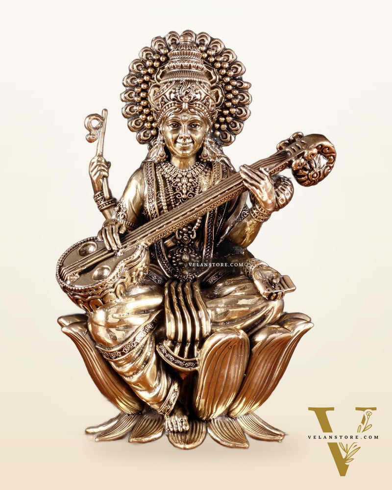 Intricate Superfine Brass Saraswati Idol - 8" Tall