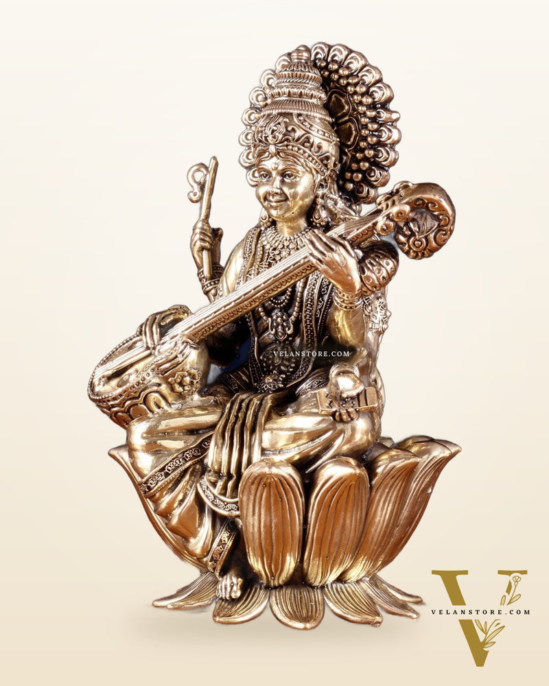Intricate Superfine Brass Saraswati Idol - 8" Tall
