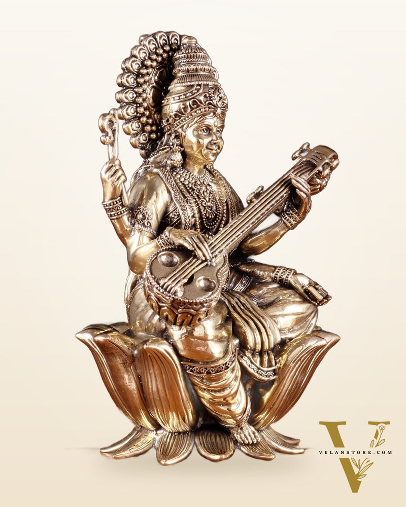 Intricate Superfine Brass Saraswati Idol - 8" Tall