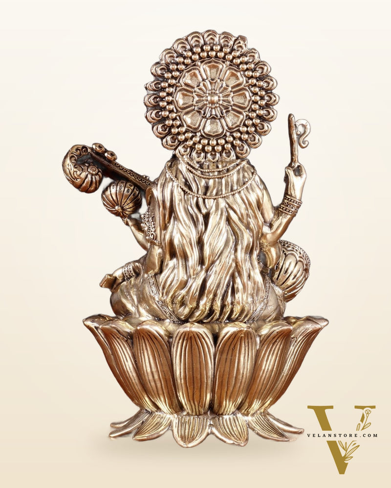 Intricate Superfine Brass Saraswati Idol - 8" Tall