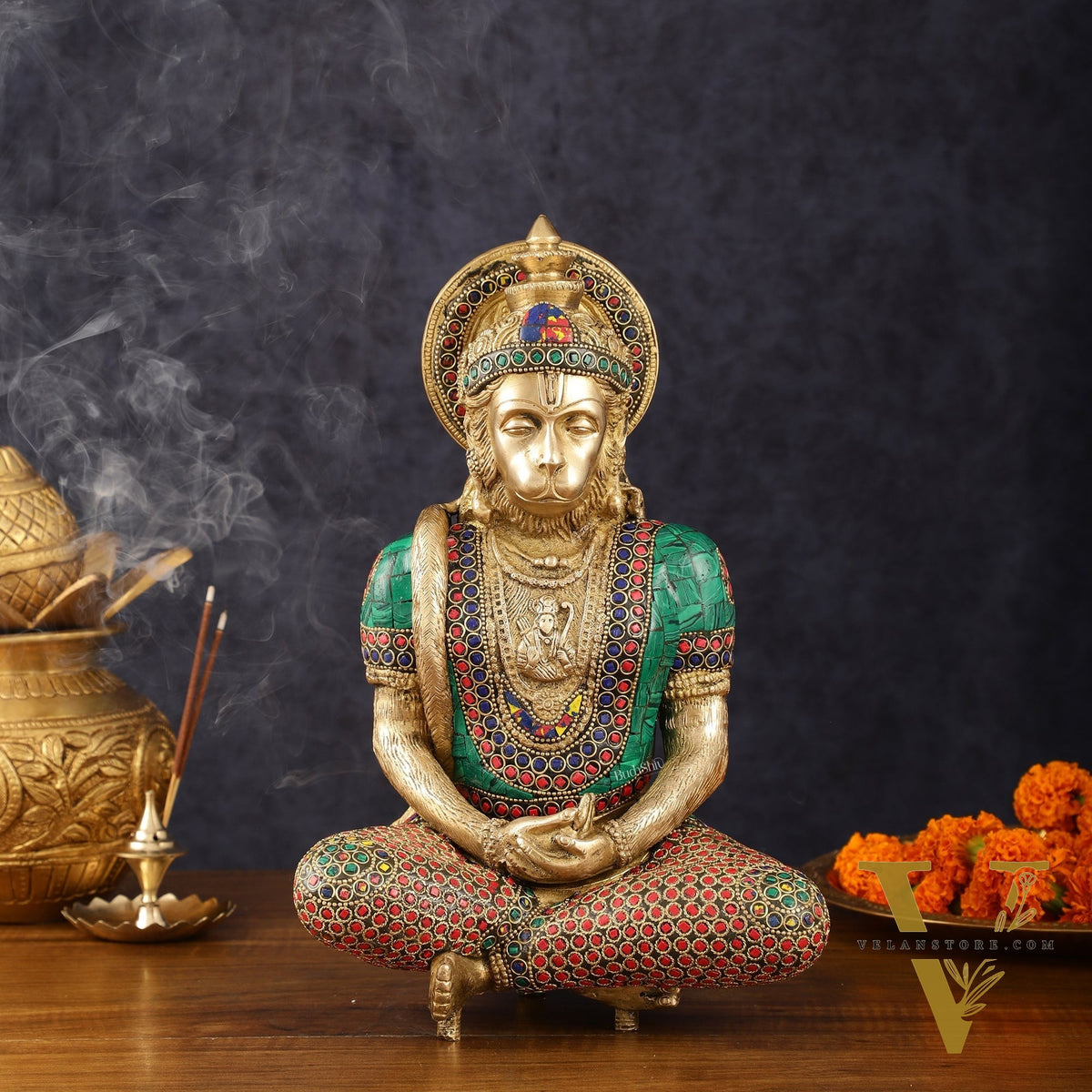 Intricately Carved Brass Lord Hanuman Idol - 11" Height, Spiritual Decor