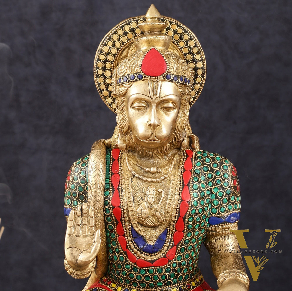 Intricately Carved Brass Lord Hanuman Idol - 11" Height, Spiritual Blessing