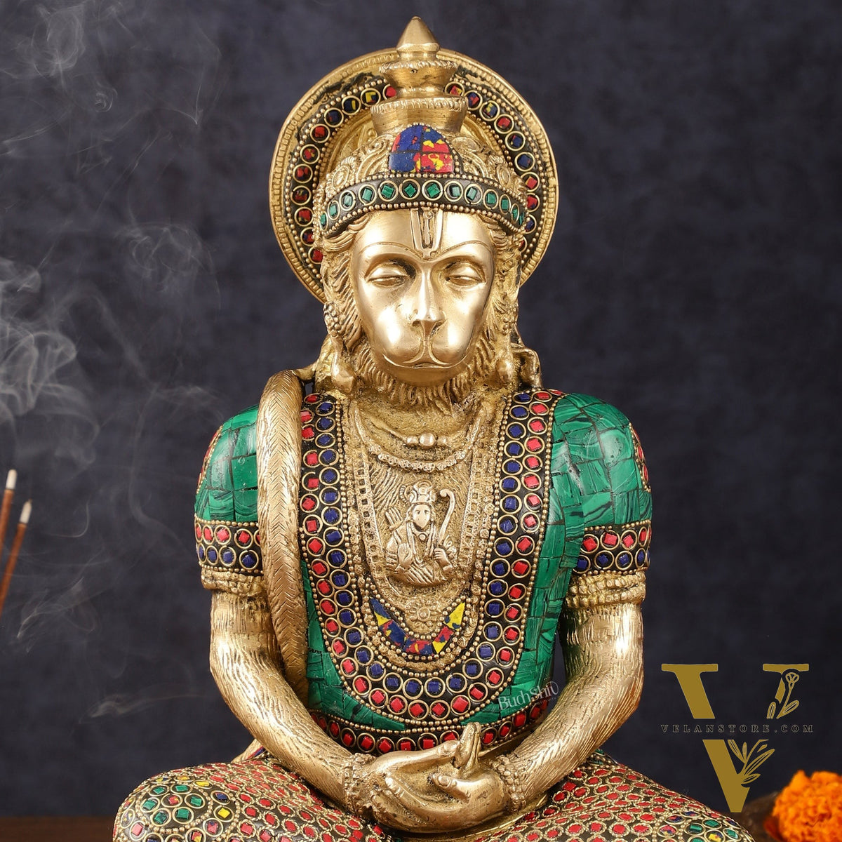 Intricately Carved Brass Lord Hanuman Idol - 11" Height, Spiritual Decor