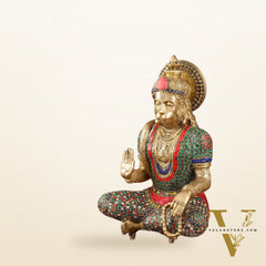 Intricately Carved Brass Lord Hanuman Idol - 11" Height, Spiritual Blessing