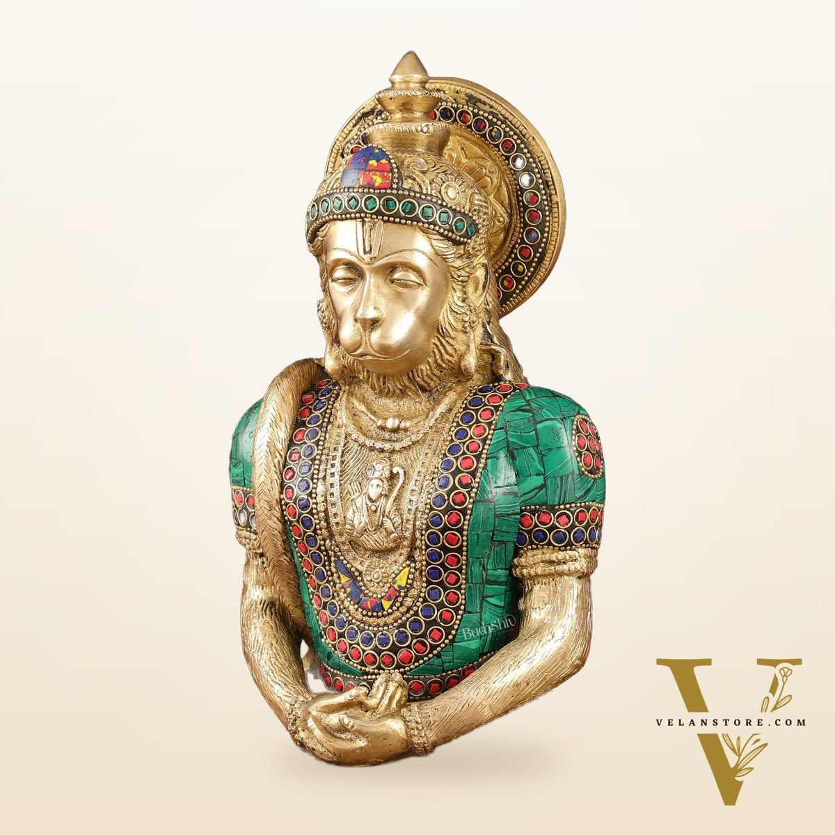 Intricately Carved Brass Lord Hanuman Idol - 11" Height, Spiritual Decor