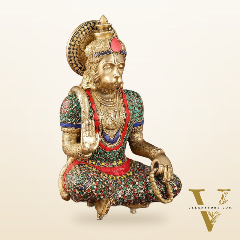 Intricately Carved Brass Lord Hanuman Idol - 11" Height, Spiritual Blessing