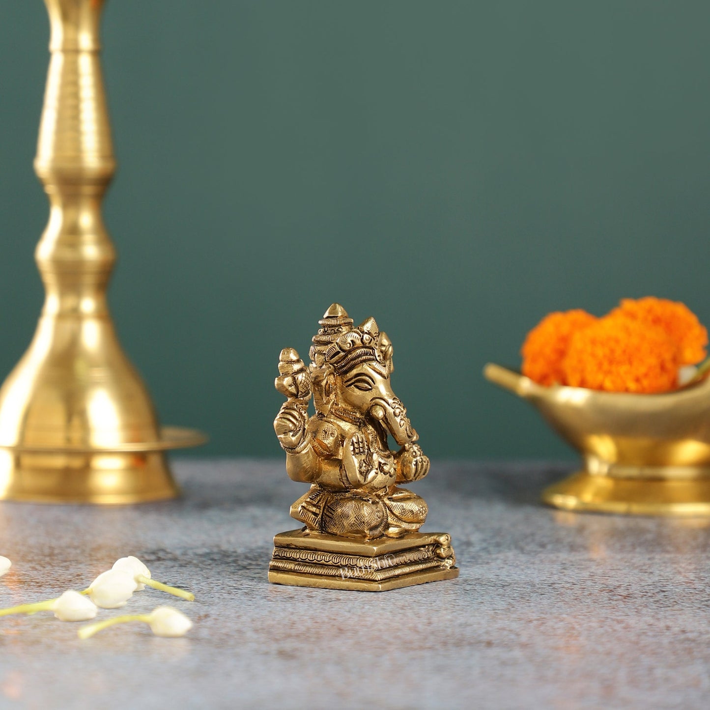 Intricately Crafted Brass Ganesha Idol | Height 3.5 inches |