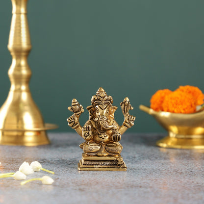 Intricately Crafted Brass Ganesha Idol | Height 3.5 inches |