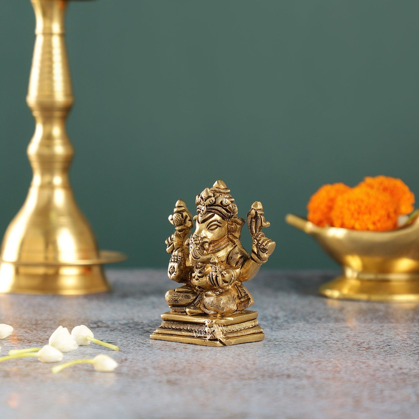Intricately Crafted Brass Ganesha Idol | Height 3.5 inches |
