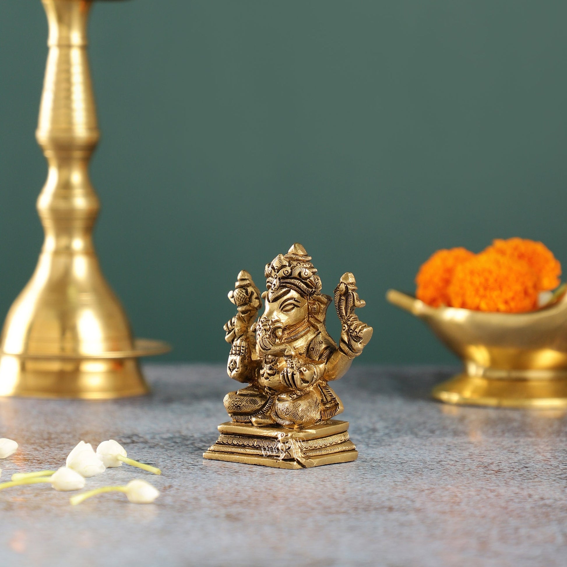 Intricately Crafted Brass Ganesha Idol | Height 3.5 inches |