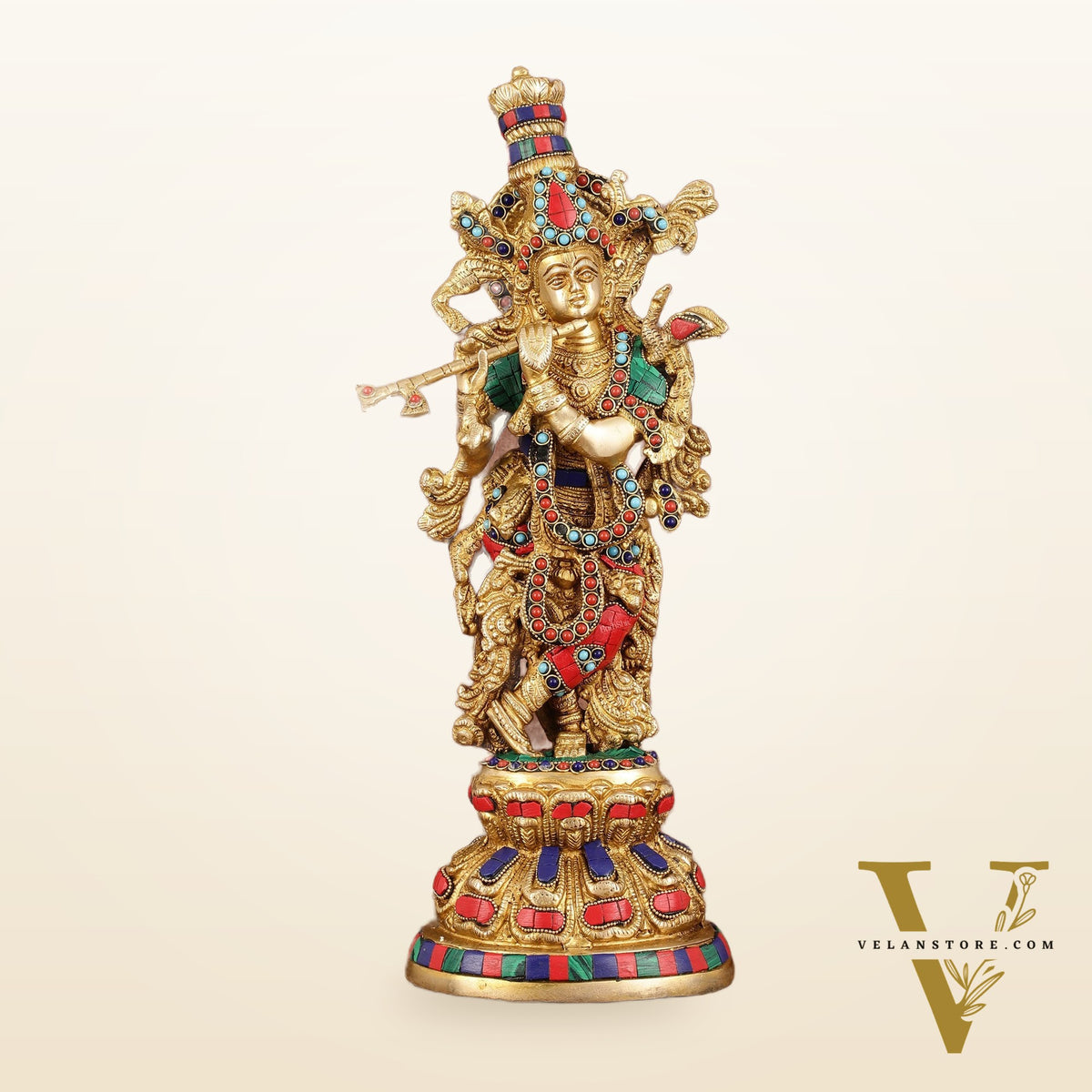 Intricately Crafted Brass Krishna Idol with Stonework - 15"