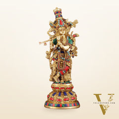 Intricately Crafted Brass Krishna Idol with Stonework - 15"