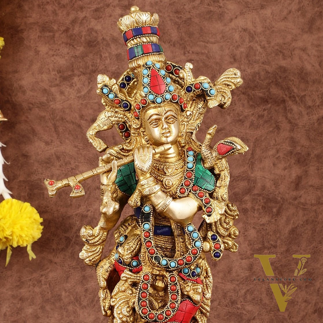 Intricately Crafted Brass Krishna Idol with Stonework - 15"