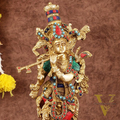 Intricately Crafted Brass Krishna Idol with Stonework - 15"