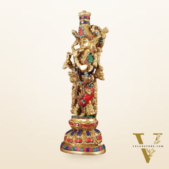 Intricately Crafted Brass Krishna Idol with Stonework - 15"