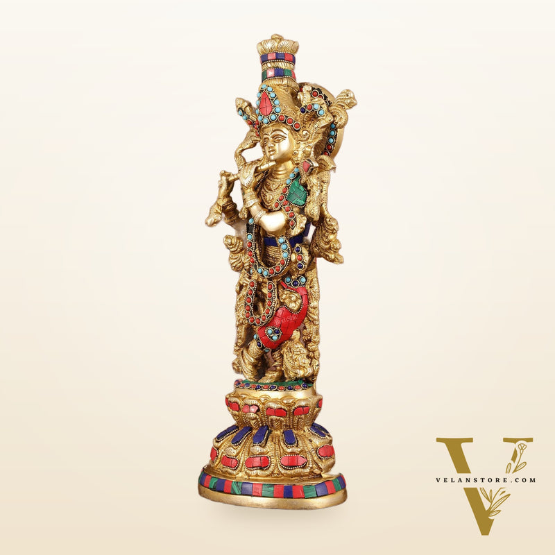 Intricately Crafted Brass Krishna Idol with Stonework - 15"