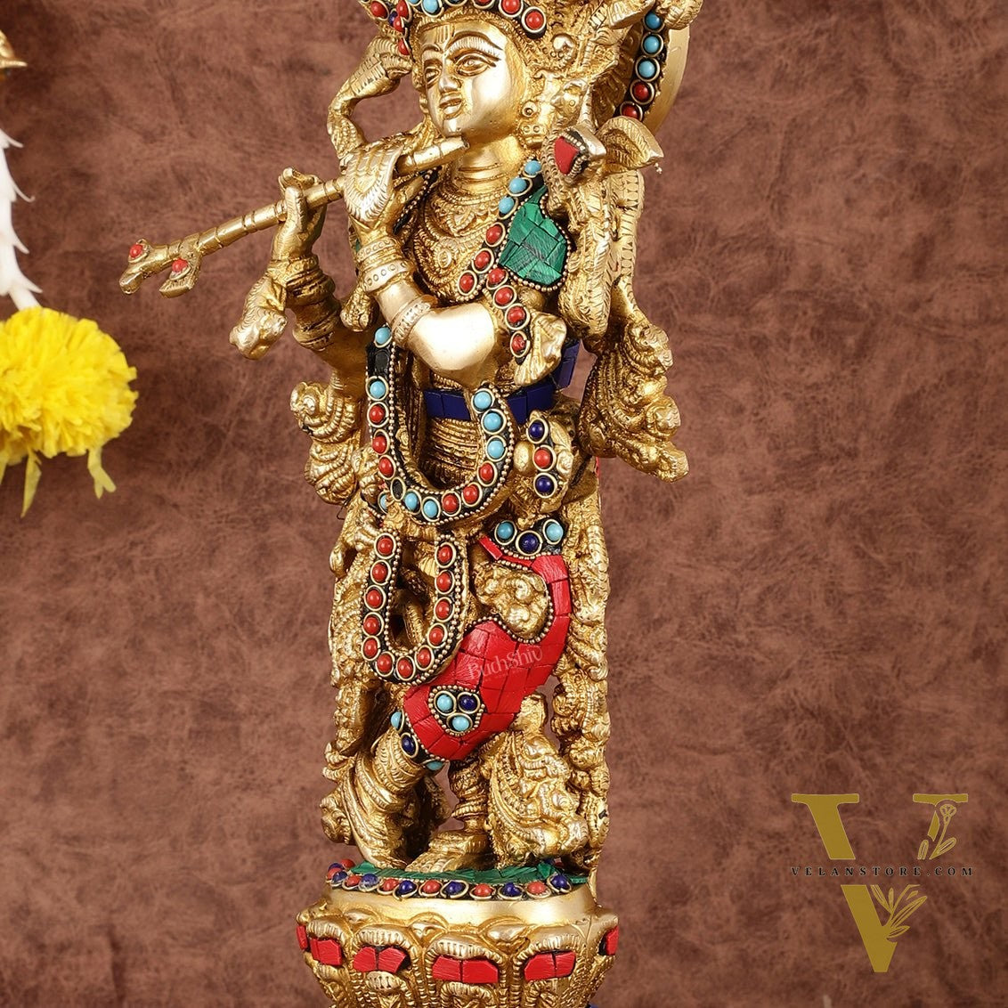 Intricately Crafted Brass Krishna Idol with Stonework - 15"
