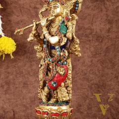 Intricately Crafted Brass Krishna Idol with Stonework - 15"