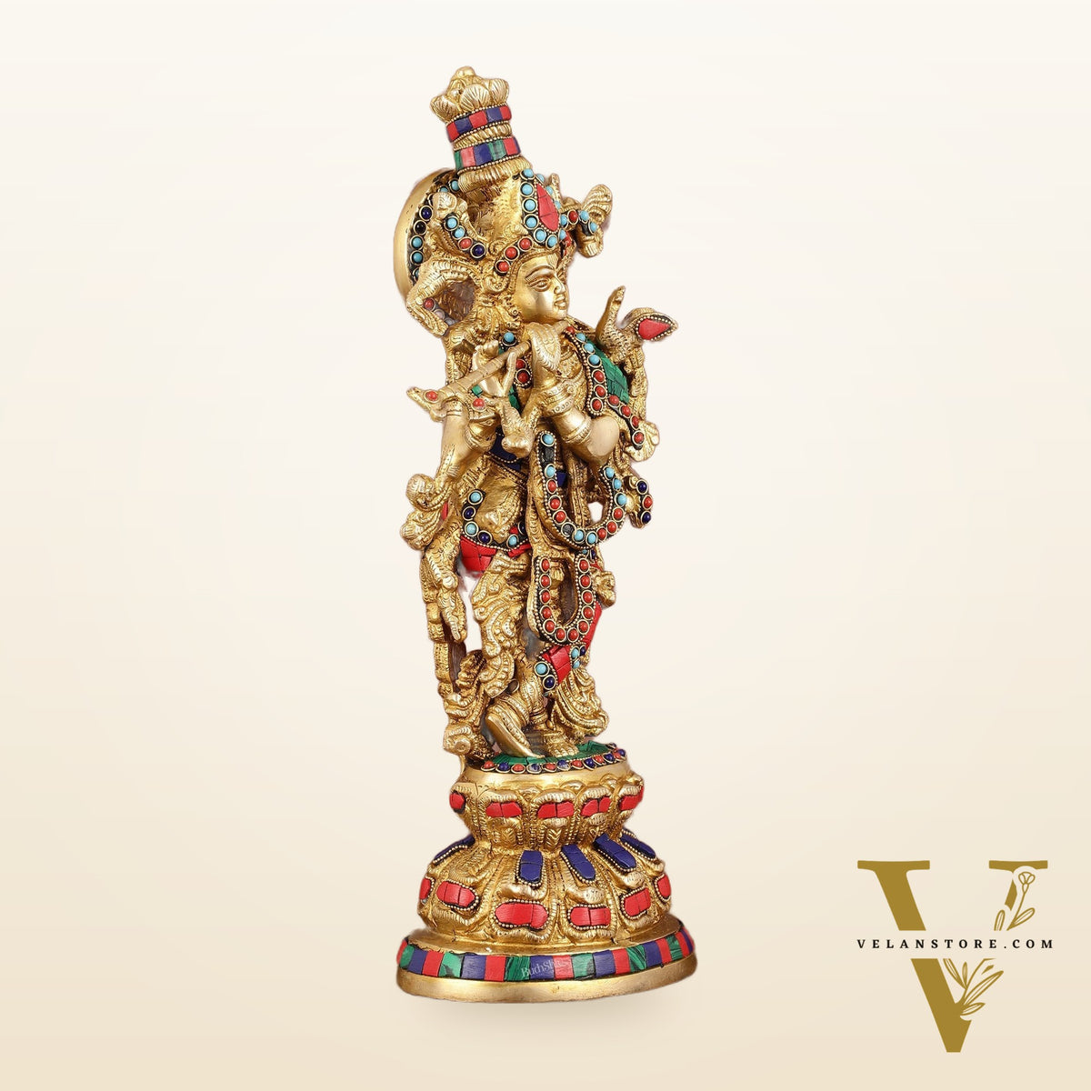 Intricately Crafted Brass Krishna Idol with Stonework - 15"