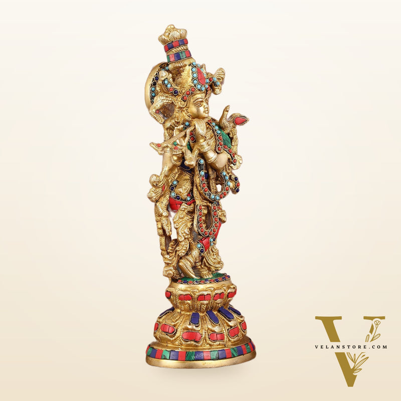 Intricately Crafted Brass Krishna Idol with Stonework - 15"