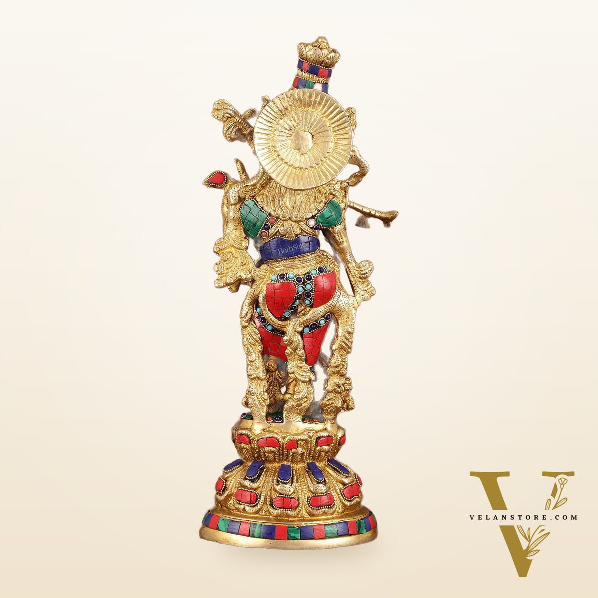 Intricately Crafted Brass Krishna Idol with Stonework - 15"