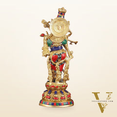 Intricately Crafted Brass Krishna Idol with Stonework - 15"