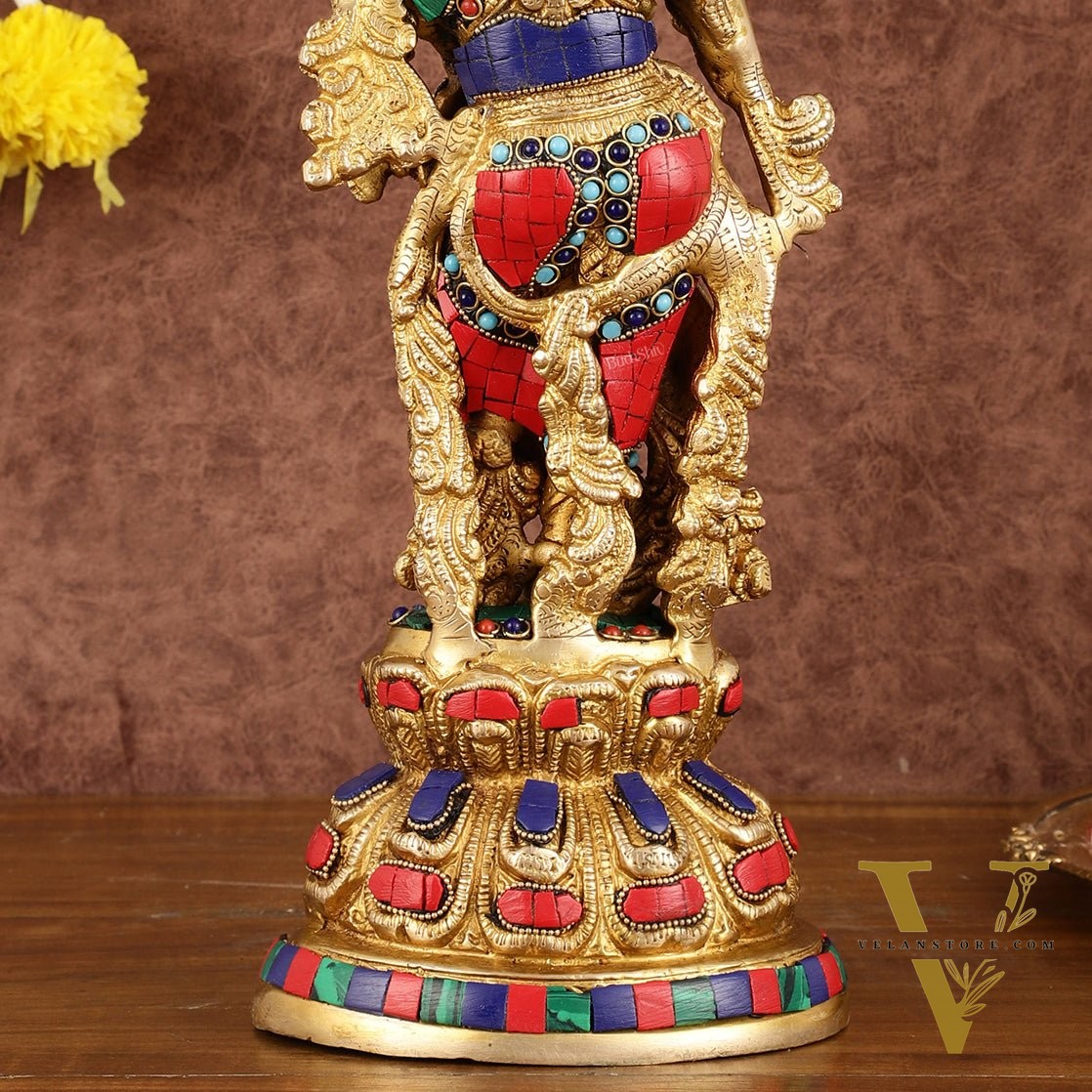 Intricately Crafted Brass Krishna Idol with Stonework - 15"