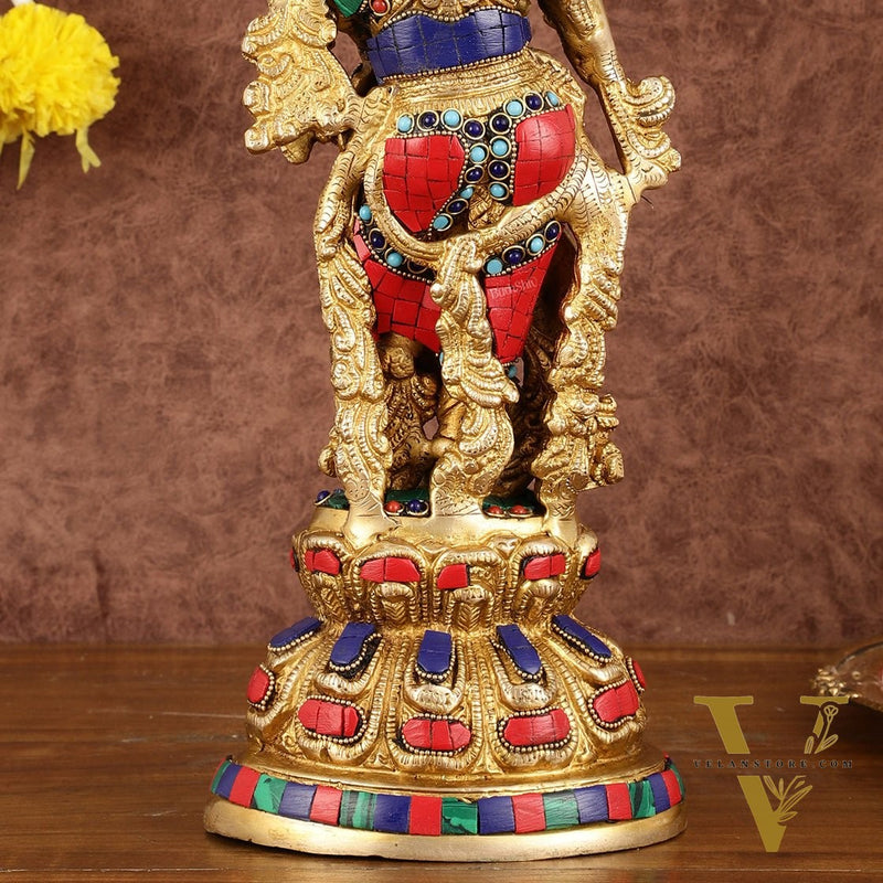 Intricately Crafted Brass Krishna Idol with Stonework - 15"