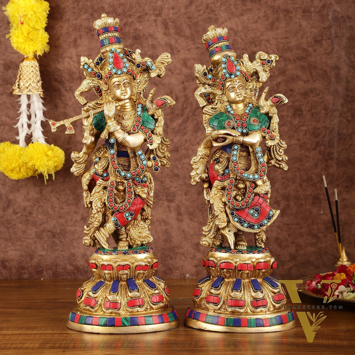 Intricately Crafted Brass Radha Krishna Idols with Stonework - 15"