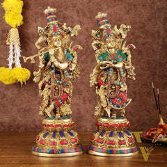Intricately Crafted Brass Radha Krishna Idols with Stonework - 15"