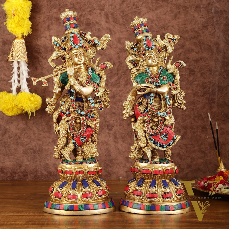 Intricately Crafted Brass Radha Krishna Idols with Stonework - 15"