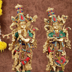 Intricately Crafted Brass Radha Krishna Idols with Stonework - 15"