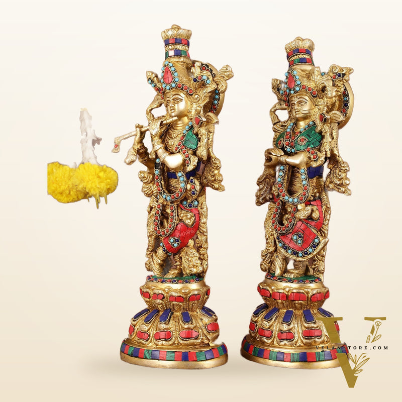 Intricately Crafted Brass Radha Krishna Idols with Stonework - 15"