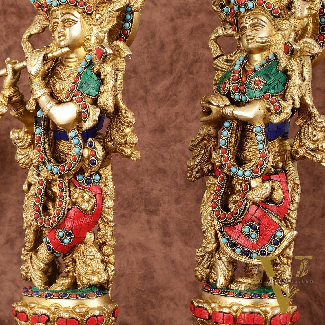 Intricately Crafted Brass Radha Krishna Idols with Stonework - 15"