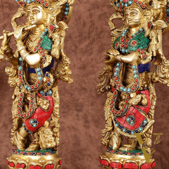 Intricately Crafted Brass Radha Krishna Idols with Stonework - 15"