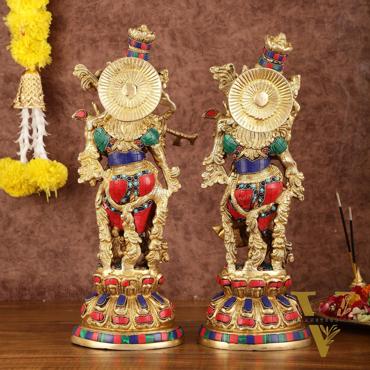 Intricately Crafted Brass Radha Krishna Idols with Stonework - 15"