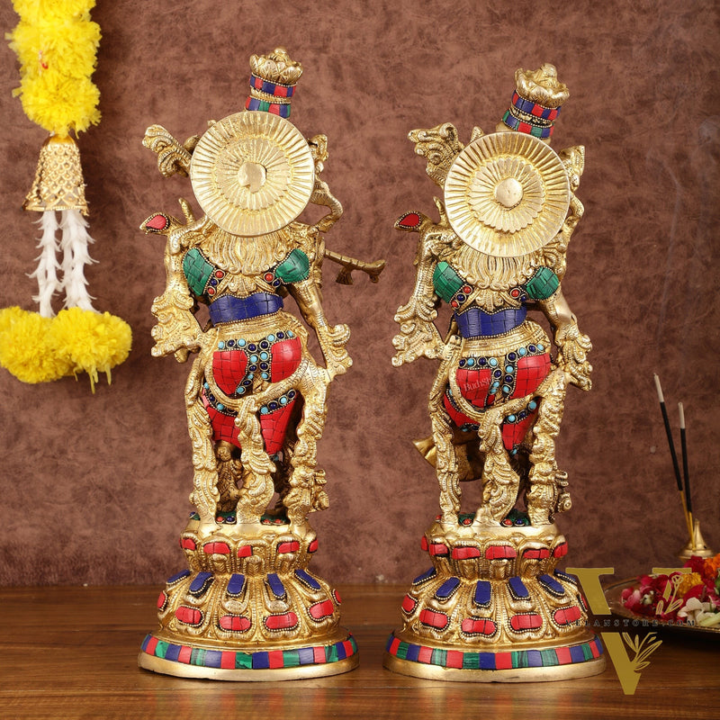 Intricately Crafted Brass Radha Krishna Idols with Stonework - 15"