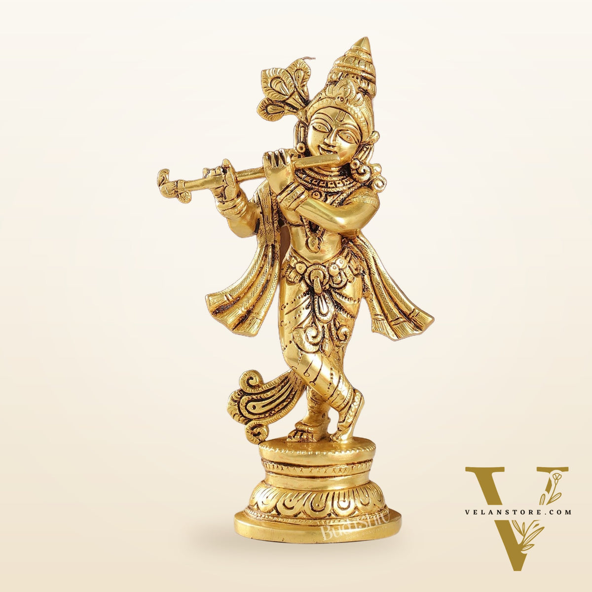 Intricately Crafted Brass Superfine Krishna Idol | 9" Height | Captivating Detail