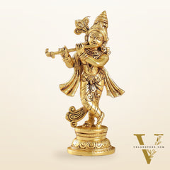 Intricately Crafted Brass Superfine Krishna Idol | 9" Height | Captivating Detail