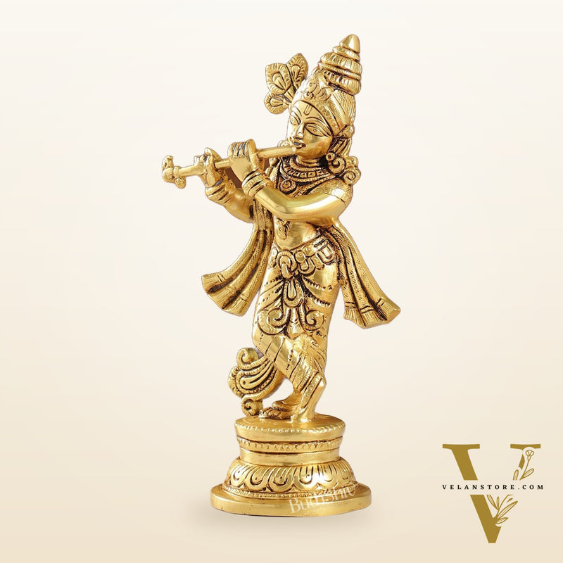 Intricately Crafted Brass Superfine Krishna Idol | 9" Height | Captivating Detail